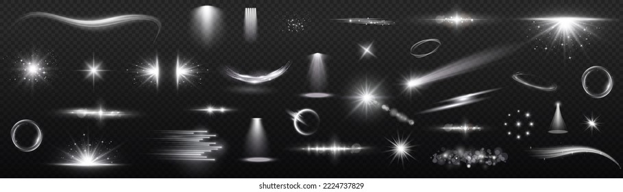 Sunlight, abstract special effect. Light effect set. Glow isolated white transparent light effect set. lens flare, explosion, glitter, dust, line, sun flash, spark and stars, spotlight, curve twirl.