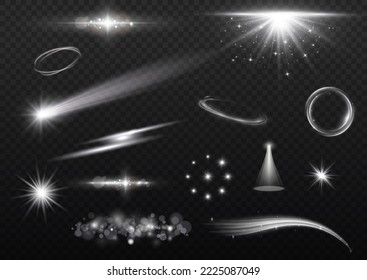 Sunlight, abstract special effect. Light effect set. Glow isolated white transparent light effect set. lens flare, explosion, glitter, dust, line, sun flash, spark and stars, spotlight, curve twirl.