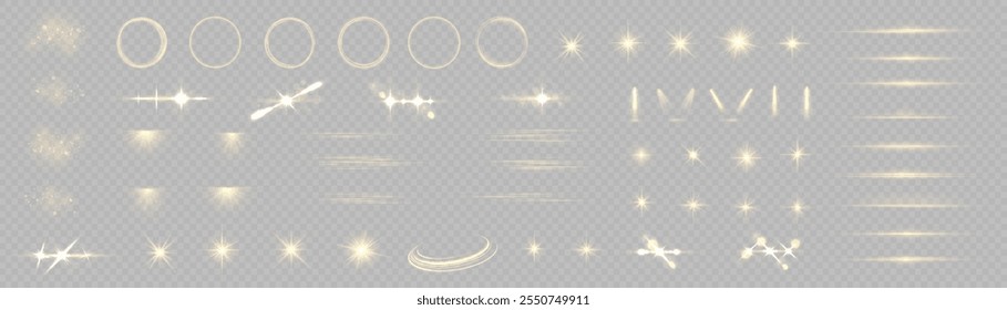 Sonnenlicht, abstrakter Spezialeffekt. Lichteffekt-Set. Leuchten isoliert weiß transparent Lichteffekt Set, Objektiv Fackel, Explosion, Staub, Linie, Sonnenblitz, Funken und Sterne, Scheinwerfer, Kurve wirbeln.