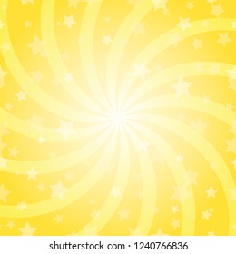 Sunlight abstract spiral background. Bright yellow color burst background with stars. Vector illustration. Sun beam ray sunburst pattern background. Magic glitter backdrop.  starburst wallpaper