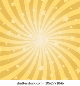Sunlight abstract spiral background. Gold yellow color burst background with stars. Vector illustration. Sun beam ray sunburst pattern background. Magic bright backdrop.  starburst wallpaper