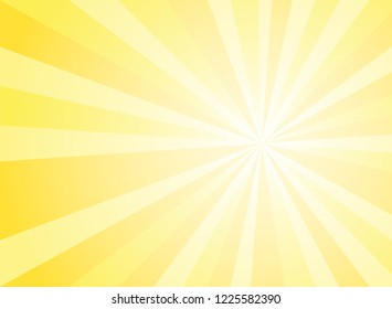 Sunlight abstract wide background. Yellow and white color burst horizontal background. Vector illustration. Sun beam ray sunburst pattern background. Retro bright backdrop. Sunny day.