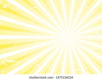 Sunlight abstract wide background. Yellow and white color burst horizontal background. Vector illustration. Sun beam ray sunburst pattern background. Retro bright backdrop. Sunny poster or placard