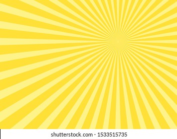 Sunlight abstract wide background. Yellow and white color burst horizontal background. Vector illustration. Sun beam ray sunburst wallpaper. Retro bright backdrop. Sunny poster