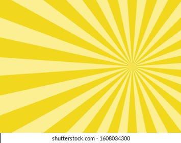 Sunlight abstract wide background. Yellow and white color burst horizontal background. Vector illustration. Sun beam ray sunburst pattern background. Retro bright backdrop. Sunny day.