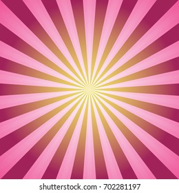 Sunlight  background. Bright pink color burst background with yellow highlight. Fantasy Vector illustration. Magic Sun beam ray sunburst pattern background. Retro circus backdrop.  starburst wallpaper
