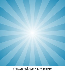 Sunlight  background. Pale blue color burst background with white highlight. Fantasy Vector illustration. Magic Sun beam ray sunburst pattern background. Retro faded backdrop.