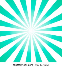 Sunlight background. Pale green color burst background with white highlight. Fantasy Vector illustration. Magic Sun beam ray sunburst pattern background. Retro faded backdrop Sun rays background green