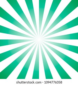 Sunlight background. Pale green color burst background with white highlight. Fantasy Vector illustration. Magic Sun beam ray sunburst pattern background. Retro faded backdrop Sun rays background green