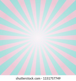 Sunlight  background. Powder blue and pink color burst background with white highlight. Fantasy Vector illustration. Magic Sun beam ray sunburst pattern background. Retro faded backdrop.