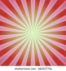 Sunlight  background. Retro  Red and green color burst background. Fantasy Vector illustration. Magic Sun beam ray sunburst pattern background. circus bright backdrop.
