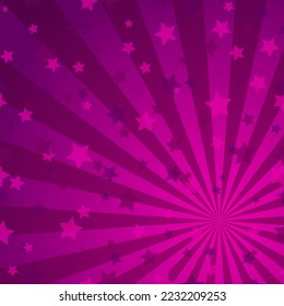 Sunlight background. Violet and purple color burst background with shining stars. Vector illustration. Sun beam ray sunburst pattern backdrop. Magic, festival, circus holiday poster