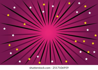 Sunlight background. Violet and purple color burst background with shining stars. Sun beam ray sunburst pattern backdrop.