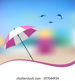 Sunlight beach day. Umbrella on tropical island. Vector blur background illustration. 