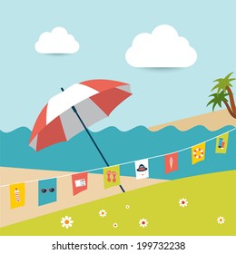 Sunlight beach day. Umbrella on tropical island. Vector flat background illustration. 