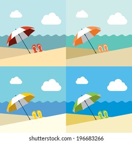 Sunlight beach day. Various color umbrellas on tropical island. Vector background illustration. 