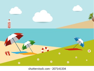 Sunlight beach day. Various color umbrellas on tropical island. Vector background illustration. 