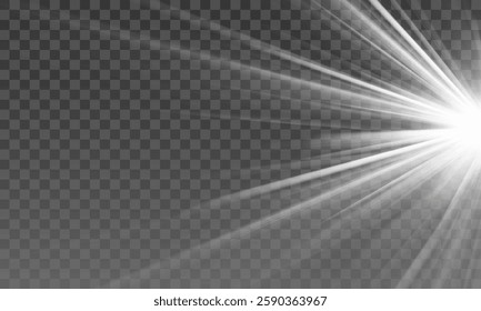 Sunlight beam effect with glowing rays from the top right corner, transparent background, realistic bright light burst, natural solar shine, diagonal sunbeam flare, white radiant glow for overlay 