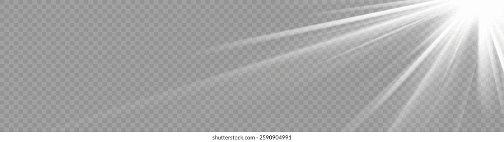 Sunlight beam effect with glowing rays from the top right corner, transparent background, realistic bright light burst, natural solar shine, diagonal sunbeam flare, white radiant glow for overlay 