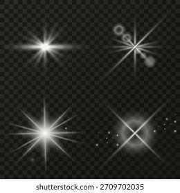 Haz de luz solar con destellos de lente y una brillante explosión en el centro de una ilustración de cielo vívido, que muestra un brillo mágico y polvo disco con un flash blanco aislado y un conjunto de estrellas iluminadas