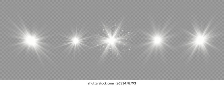 Sunlight beam with lens glare and shiny spark explosion in center of vibrant sky illustration showing magic glow and disco dust with isolated white flare and illuminated star set

