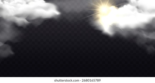 Luz solar quebrando através de nuvens brancas suaves com efeito de raios brilhantes, estilo semirrealista em fundo escuro transparente. Conceito de esperança. Ilustração vetorial