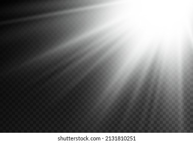 Sunlight with bright explosion, blur in the light of radiance, flare effect with rays of light and magic sparkles, sun rays, white beam effect, front sun lens flash, vector illustration, eps 10.
