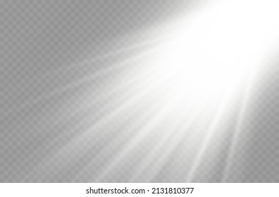 Sunlight with bright explosion, blur in the light of radiance, flare effect with rays of light and magic sparkles, sun rays, white beam effect, front sun lens flash, vector illustration, eps 10.