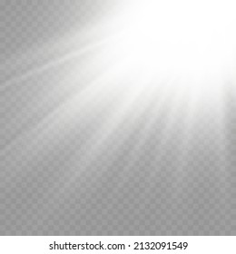 Sunlight with bright explosion, blur in the light of radiance, flare effect with rays of light and magic sparkles, sun rays, white beam effect, front sun lens flash, vector illustration, eps 10.
