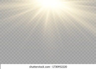 Sunlight with bright explosion, flare effect with rays of light and magic sparkles, sun rays, yellow beam effect, blur in the light of radiance, front sun lens flash, vector illustration, eps 10.