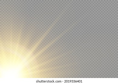 Sunlight with bright explosion, flare effect with rays of light and magic sparkles, sun rays, yellow beam effect, blur in the light of radiance, front sun lens flash, vector illustration, eps 10.