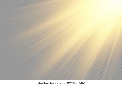 Sunlight with bright explosion, flare effect with rays of light and magic sparkles, sun rays, yellow beam effect, blur in the light of radiance, front sun lens flash, vector illustration, eps 10.