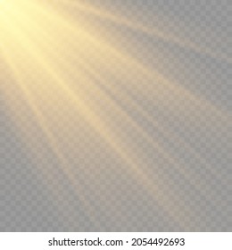 Sunlight with bright explosion, flare effect with rays of light and magic sparkles, sun rays, yellow beam effect, blur in the light of radiance, front sun lens flash, vector illustration, eps 10.
