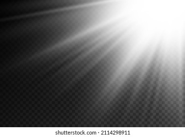 Sunlight with bright explosion, flare effect with rays of light and magic sparkles, sun rays, white beam effect, blur in the light of radiance, front sun lens flash, vector illustration, eps 10.