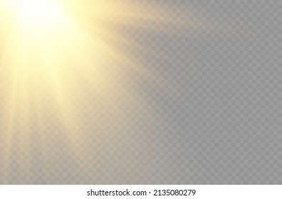 Sunlight with bright explosion, flare effect with rays of light and magic sparkles, sun rays, yellow beam effect, blur in the light of radiance, front sun lens flash, vector illustration, eps 10.