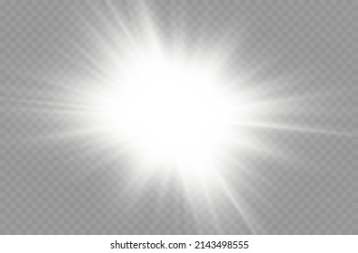 Sunlight with bright explosion, flare effect with rays of light and magic sparkles, sun rays, white beam effect, blur in the light of radiance, front sun lens flash, vector illustration, eps 10.