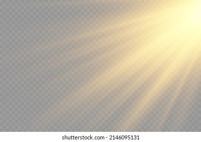 Sunlight with bright explosion, flare effect with rays of light and magic sparkles, sun rays, blur in the light of radiance, front sun lens flash, yellow beam effect, vector illustration, eps 10.
