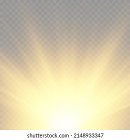 Sunlight with bright explosion, flare effect with rays of light and magic sparkles, sun rays, yellow beam effect, blur in the light of radiance, front sun lens flash, vector illustration, eps 10.