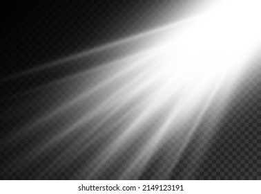 Sunlight with bright explosion, flare effect with rays of light and magic sparkles, sun rays, white beam effect, blur in the light of radiance, front sun lens flash, vector illustration, eps 10.