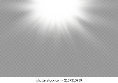 Sunlight with bright explosion, flare effect with rays of light and magic sparkles, sun rays, white beam effect, blur in the light of radiance, front sun lens flash, vector illustration, eps 10.