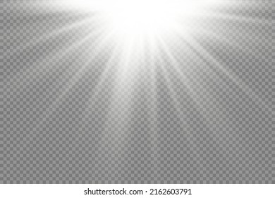 Sunlight with bright explosion, flare effect with rays of light and magic sparkles, sun rays, white beam effect, blur in the light of radiance, front sun lens flash, vector illustration, eps 10.