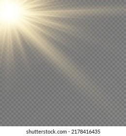 Sunlight with bright explosion, flare effect with rays of light and magic sparkles, sun rays, yellow beam effect, blur in the light of radiance, front sun lens flash, vector illustration, eps 10.