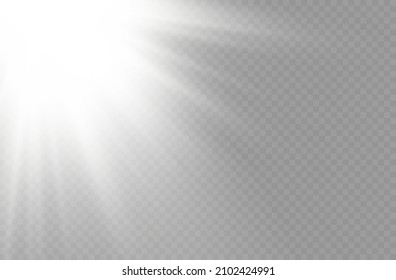 Luz solar con explosión brillante, flash de lente solar frontal, efecto de bengala con rayos de luz y brillo mágico, rayos solares, efecto de haz blanco, borrosidad a la luz de la radiación, ilustración vectorial, eps 10.