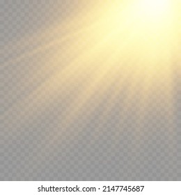 Luz solar con explosión brillante, rayos solares, efecto de haz amarillo, borrosidad a la luz de la radiación, efecto de llamarada con rayos de luz y chispas mágicas, flash de lente solar frontal, ilustración vectorial, eps 10.