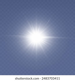 Sunlight with bright explosion, sun rays, white beam effect, flare effect with rays of light and magic sparkles, blur in the light of radiance, front sun lens flash, vector illustration, eps 10.