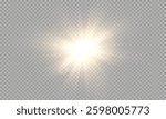 Sunlight bright golden flash of light on transparent background with rays and glare and rainbow, Vector graphics.