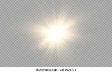 Sunlight bright golden flash of light on transparent background with rays and glare and rainbow, Vector graphics.