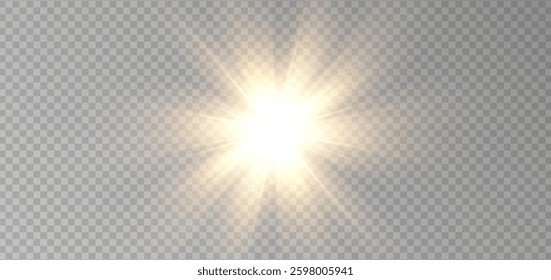 Sunlight bright golden flash of light on transparent background with rays and glare and rainbow, Vector graphics.