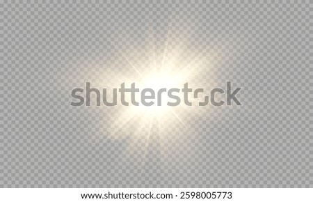 Sunlight bright golden flash of light on transparent background with rays and glare and rainbow, Vector graphics.