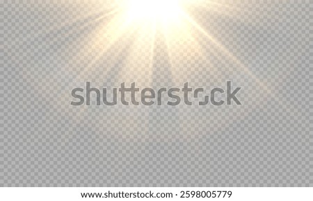 Sunlight bright golden flash of light on transparent background with rays and glare and rainbow, Vector graphics.